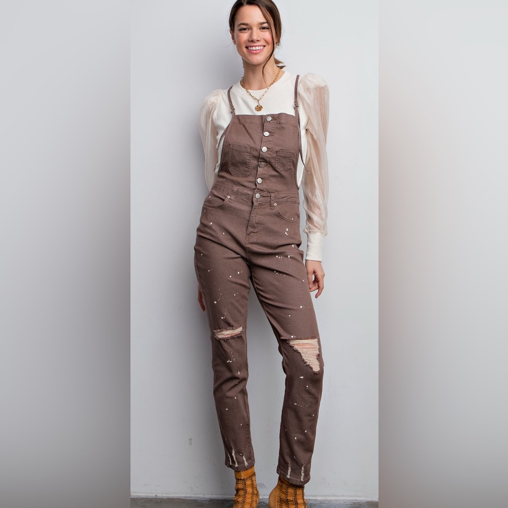 Easel Brown Distressed Women's Overalls